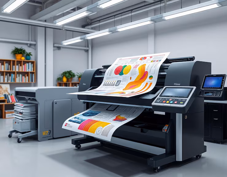A four-colour offset printing press with CMYK ink units feeding a printed sheet